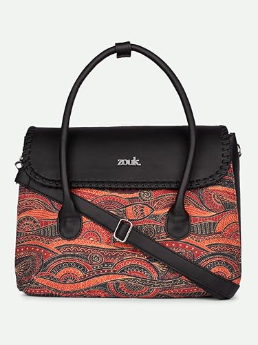 ZOUK Pithora Artistry Abstract Printed Jute Handcrafted Vegan Leather Multicolor Women's Satchel Bag | Ladies Purse Handbag | Double Handle Detachable Strap