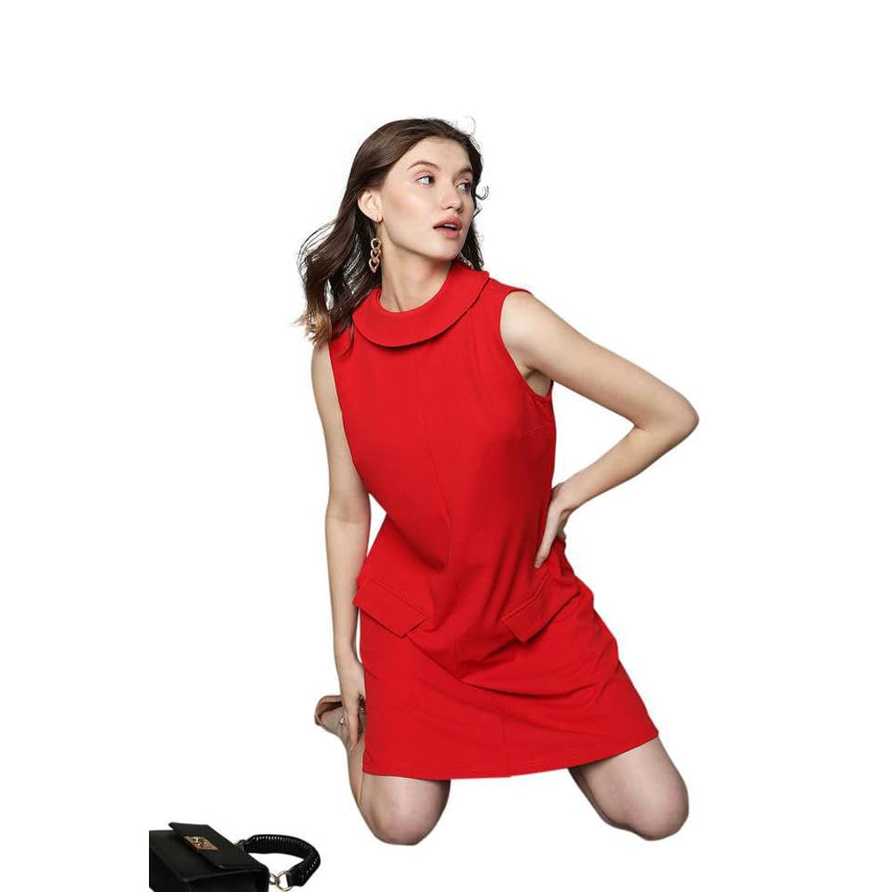 VERO Moda Solid Polyester Turtle Neck Women's Knee Length Dress (RED, XS)