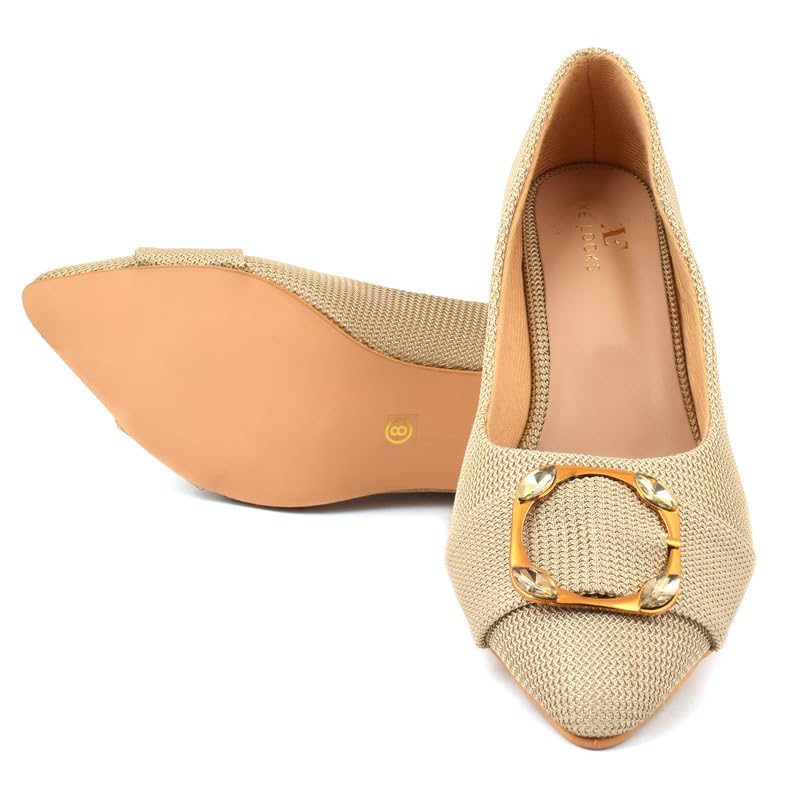 XE Looks Women's Beige Elegant Pointed Toe Heels | Beige Textured Design with Gold Buckle Accent | Stylish & Comfortable Kitten Heels For Girls & Women