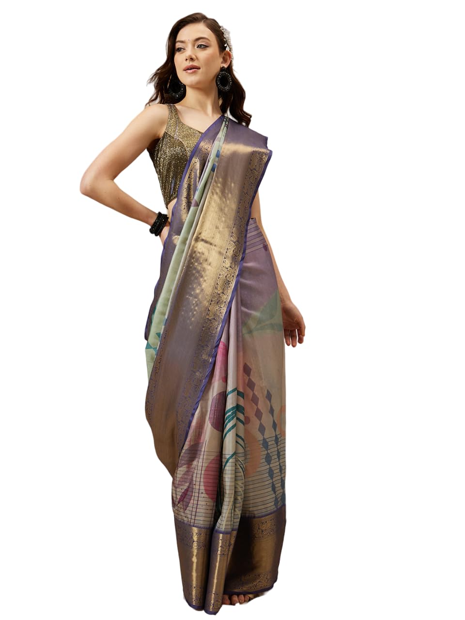 Enthone Womens Banarasi Tusser Soft Silk Digital Print Zari Woven Saree, Multicolour