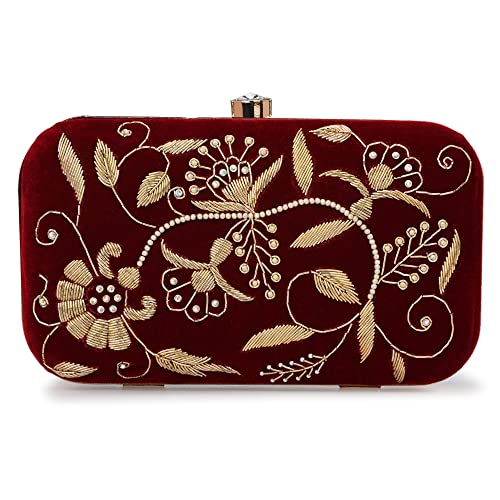 For The Beautiful You Maroon Embroidered Women's Clutch (D-705)