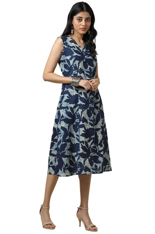 Soch Womens Indigo Cotton Slub Abstract Print Dress