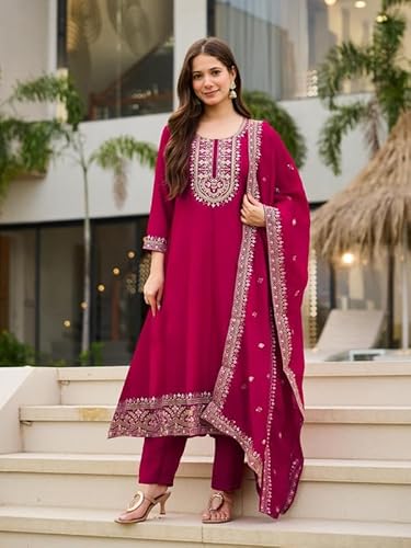 AVYUKTHA | Women Ethnic Motifs Embroidered Panelled Kurta with Trors & With Dupatta | Pink | Size- S