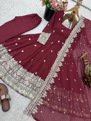 JIYA'S Collection Exclusive Designer Georgette Embroidered Gown Set for Women with Sequence Work Dupatta (in, Alpha, L, Regular, RED)