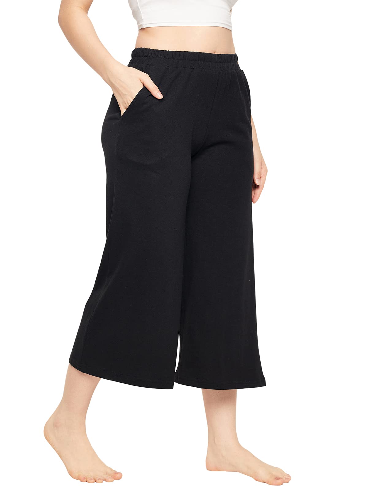 Clovia Women's Cotton Chic Basic Flared Capri with Pocket (LB0182P13_Black_L)