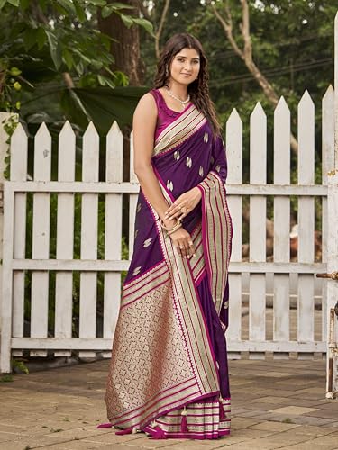 MANOHARI Women's Most Trendy Banarasi Satin Silk Woven Magenta Flower Pattern Saree With Heavy Jacquard Work Saree With Blouse Piece_MN2037