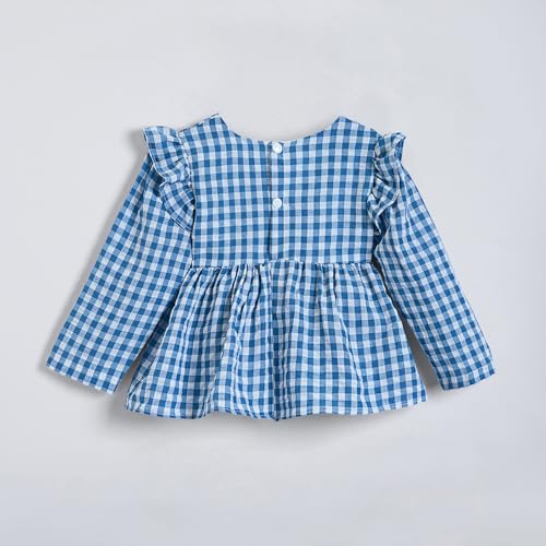 Hopscotch Girls Blue Full Sleeves 2-Pc Floral Applique Checkered Pant Set For Age (5-6 Years)