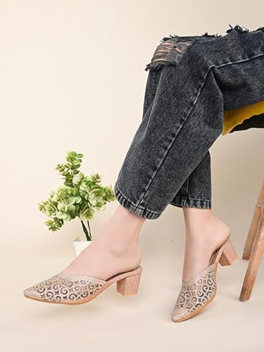 XE Looks Women's Gold Embellished & Stylish Block Heel Mules | Pointed Toe Slip-On with Intricate Rhinestone Design |Fancy & Charm Block Heels For Girls & Women