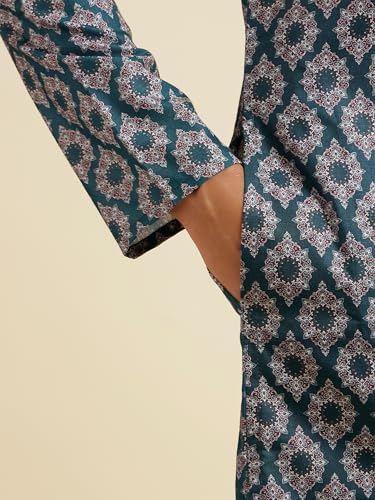 Manyavar Men's Cotton Blend Digital Print Long Kurta (Green,L)