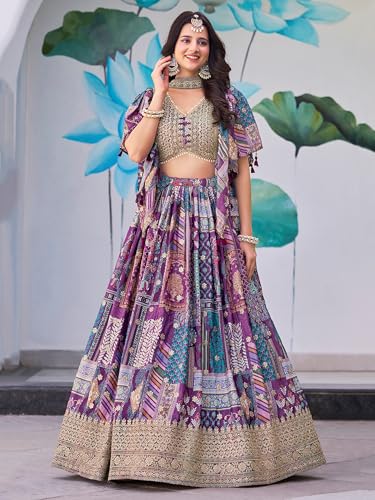Zeel Clothing Women's Digital Print with Zari Dori Embroidery Work Chinnon Silk Lehenga Choli With Dupatta (7050-Women-Lehenga-Choli-New; Free size) (Purple)