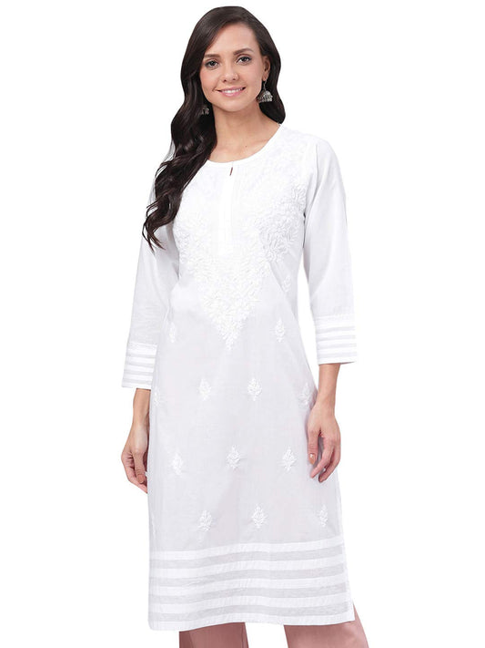 Ada Lucknowi Chikankari Hand Embroidered White Cotton Kurti Kurta for Women A149984 (XL)