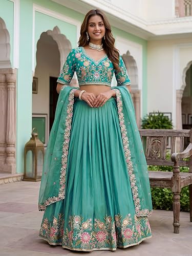 Zeel Clothing Women's Zari Sequins Embroidered Work Crush Silk Lehenga Choli With Dupatta (5138-SkyBlue-Women-Lehenga-Choli; Free size)