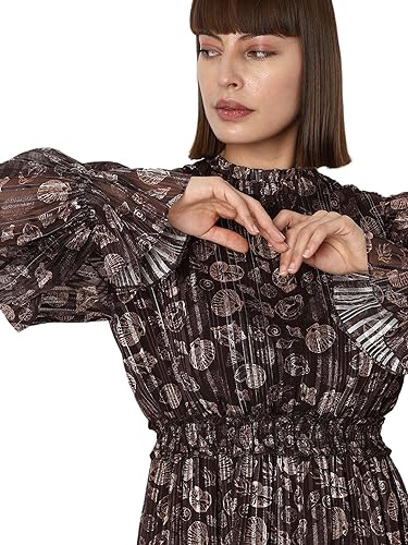 VERO MODA Women Printed Polyester Knee Length Brown Fit & Flare Dress