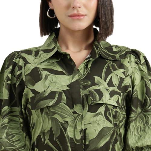 United Colors of Benetton Regular Fit Spread Collar Tropical Printed Dress (Size : L) - 26P4DRESS057I902 Green