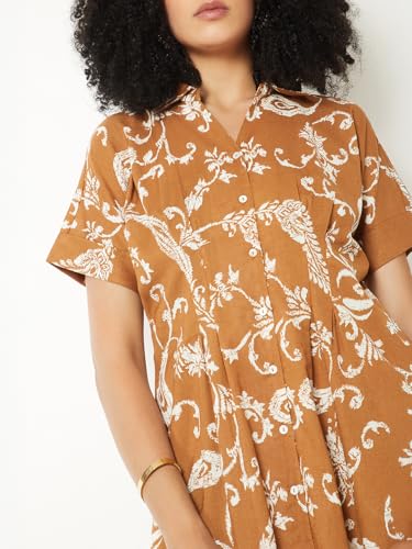 Max Women Printed A-line Midi Dress (Brown_M)