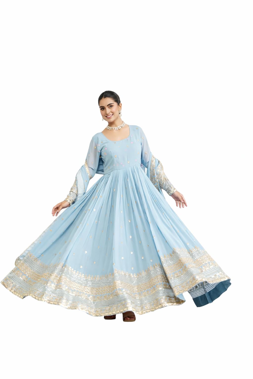 Mehervaa by vinni Women's Anarkali Gown with Dupatta, Sky Blue, Embroidered Golden Border, Long Sleeve, Ethnic (in, Alpha, L, Regular)