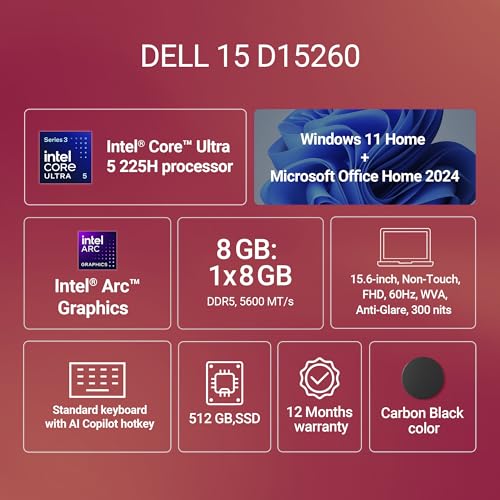 Dell 15 AI Powered Laptop, Intel Core Ultra 5 225H, 8GB DDR5 RAM, 512GB SSD, 15.6" FHD Anti-Glare Display, Intel Arc Graphics, Standard Keyboard, Dedicated Copilot Key, Black, Win11 Home + MSO H&S'24