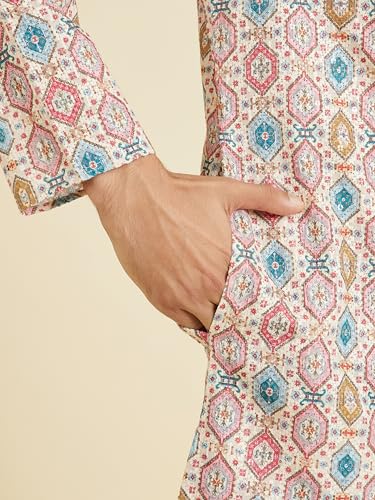 Manyavar Men's Cotton Blend Hexagon Printed Kurta Pyjama Set(Cream,S)