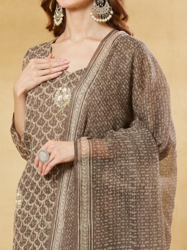 Divena Brown Kota Doria Round Neck Kurta Set with Dupatta
