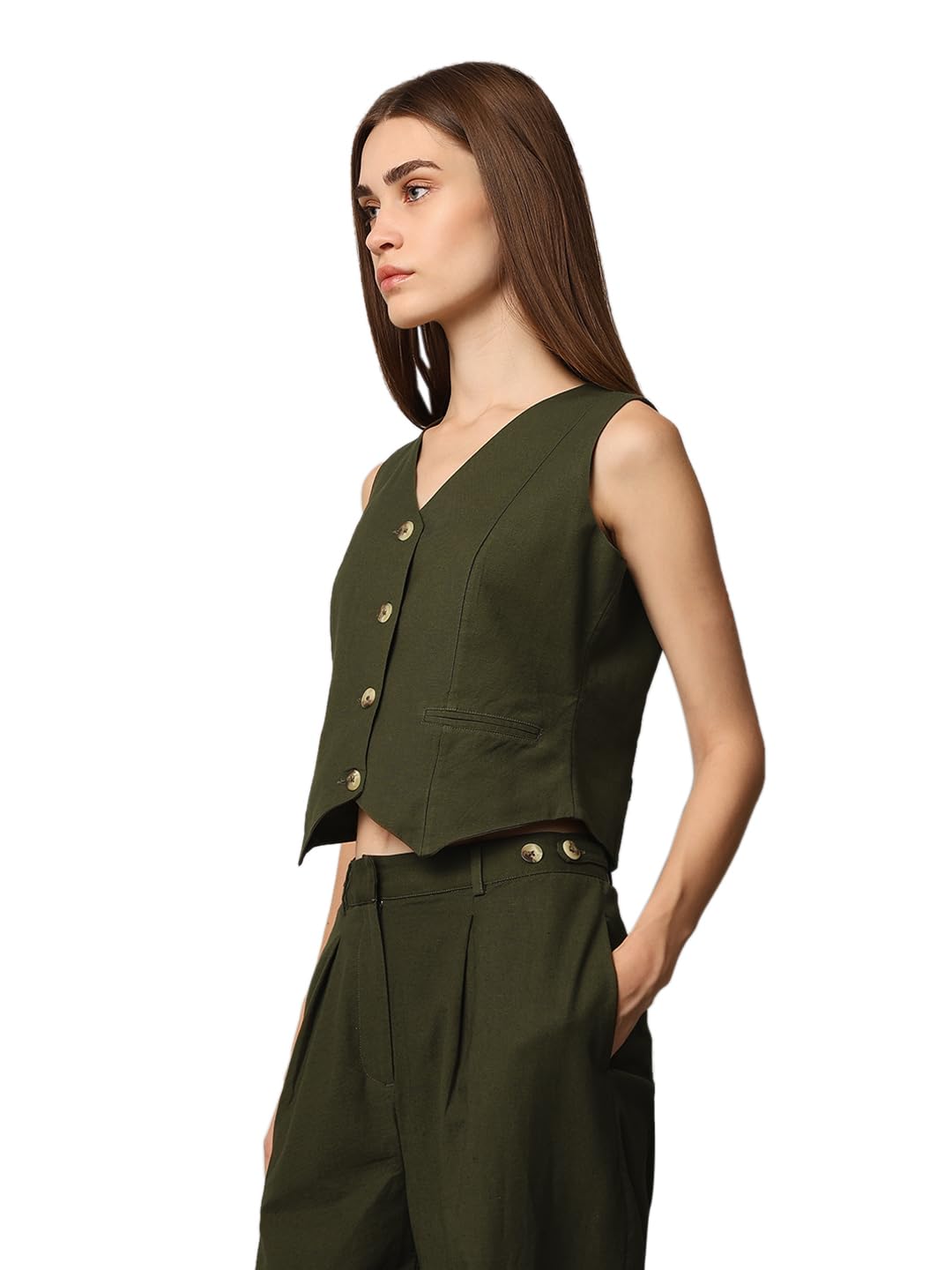 ONLY Women's Regular Fit Dark Green Waistcoat