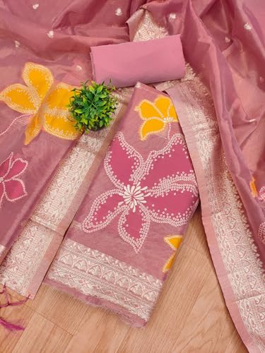 SHANTVAN GALLERY Unstitched Dress Material for Women Cotton Pure Tissue Shimmer Banarasi Zari Weaving Suit Fabric with Semi Cotton Bottom and Jacquard Dupatta Unstitched Suit Set - Pink