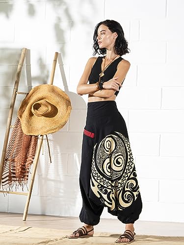 The Veshti Company High Rise Low Crotch Printed Cotton Yoga Harem Relaxed Pants For Women's, Hippie Style Baggy Palazzo Pant, Lunar Rift Black-Beige, M