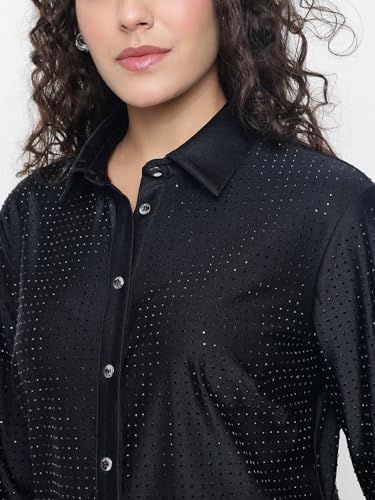 GUESS Eliana Shiny Crystal Slinky Jet Black Embellished Spread Collar Regular Fit Shirt