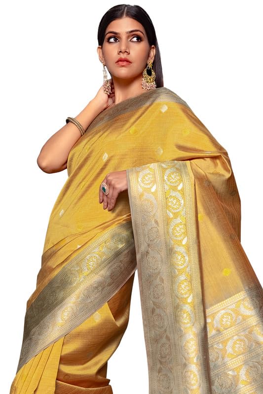 Soch Womens Mustard Tussar Zari Woven Saree With Tassels