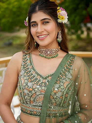 Zeel Clothing Women's Chinon Silk Embroidered Mirror Work Lehenga Choli with Dupatta (114-Green-Women-Lehenga-Choli-Set; Free Size; Green)