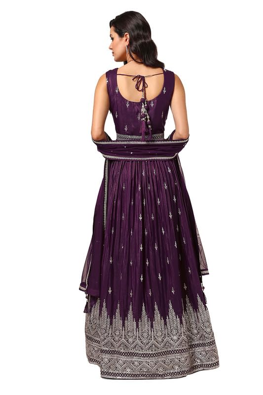 Soch Womens Wine Georgette Blend Embroidered Gown With Sequence Work