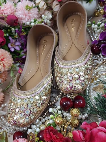 Fulkari Women Miraj Mirror Gold Formal Genuine Soft Leather Jutis | Bite and Pinch Free Juttis | Punjabi Jutti | Girl's Wedding Flat Ladies Mojari Ethnic Juti | 39