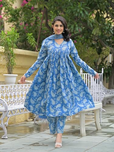 Divena Blue Cotton Paisley Printed Kurta Pant Set With Dupatta