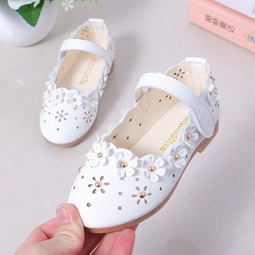 Bold N Elegant PU Leather Girl's Party Ballerina Belly Sandal Shoes Footwear with Gold Bead Floral Cutwork for Infant Toddler Young Girls (White, Numeric_14)