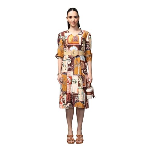 Kazo Souks Midi Dress with Belt (Brown_L)