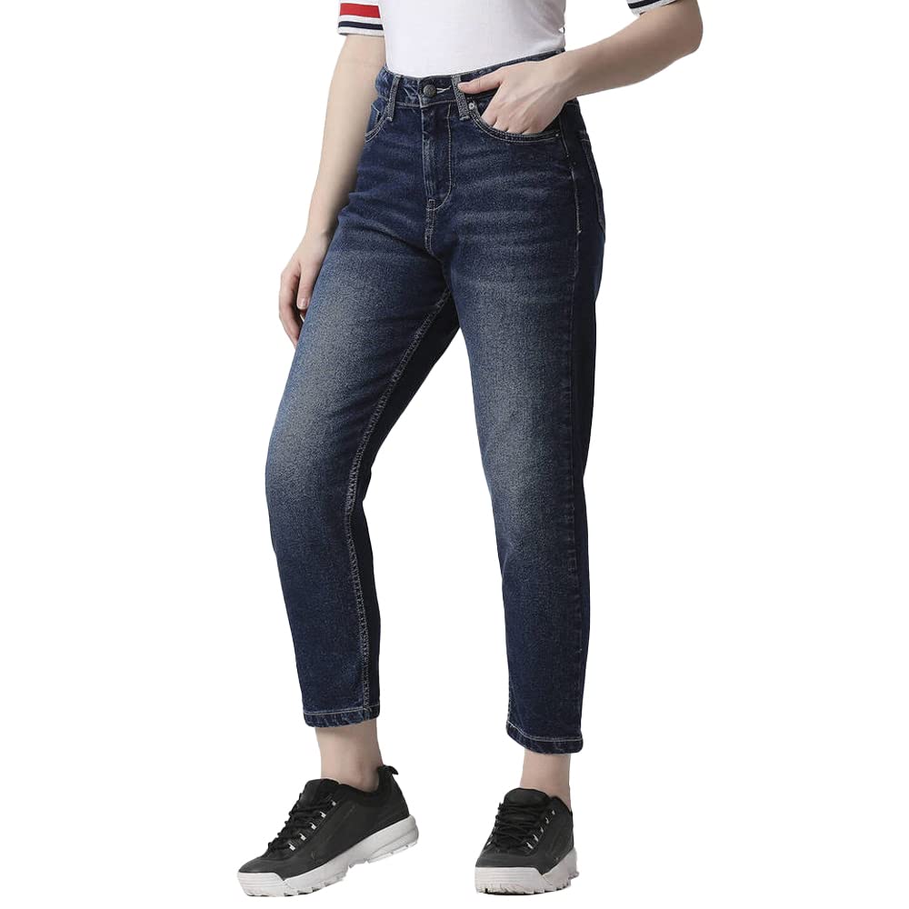 Pepe Jeans Solid Cotton Tapered Fit High Rise Women's Jeans (Blue, Size_28)