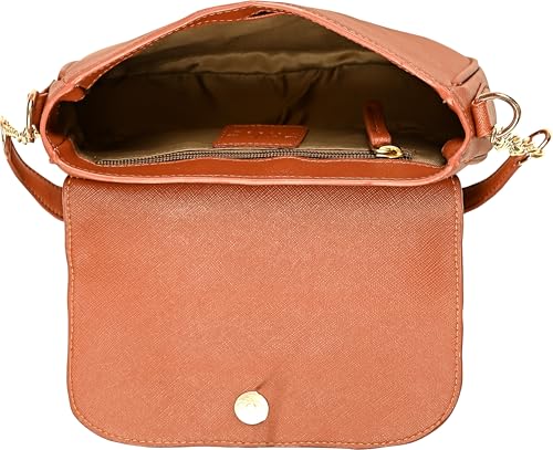eske Adeline Vegan Leather Shoulder Bag for Women | Chain Strap with Shoulder Support | Magnetic Flap Closure | 1 Main Compartment with Zip & Slip Pockets | Stylish & Compact Handbag (Tan)