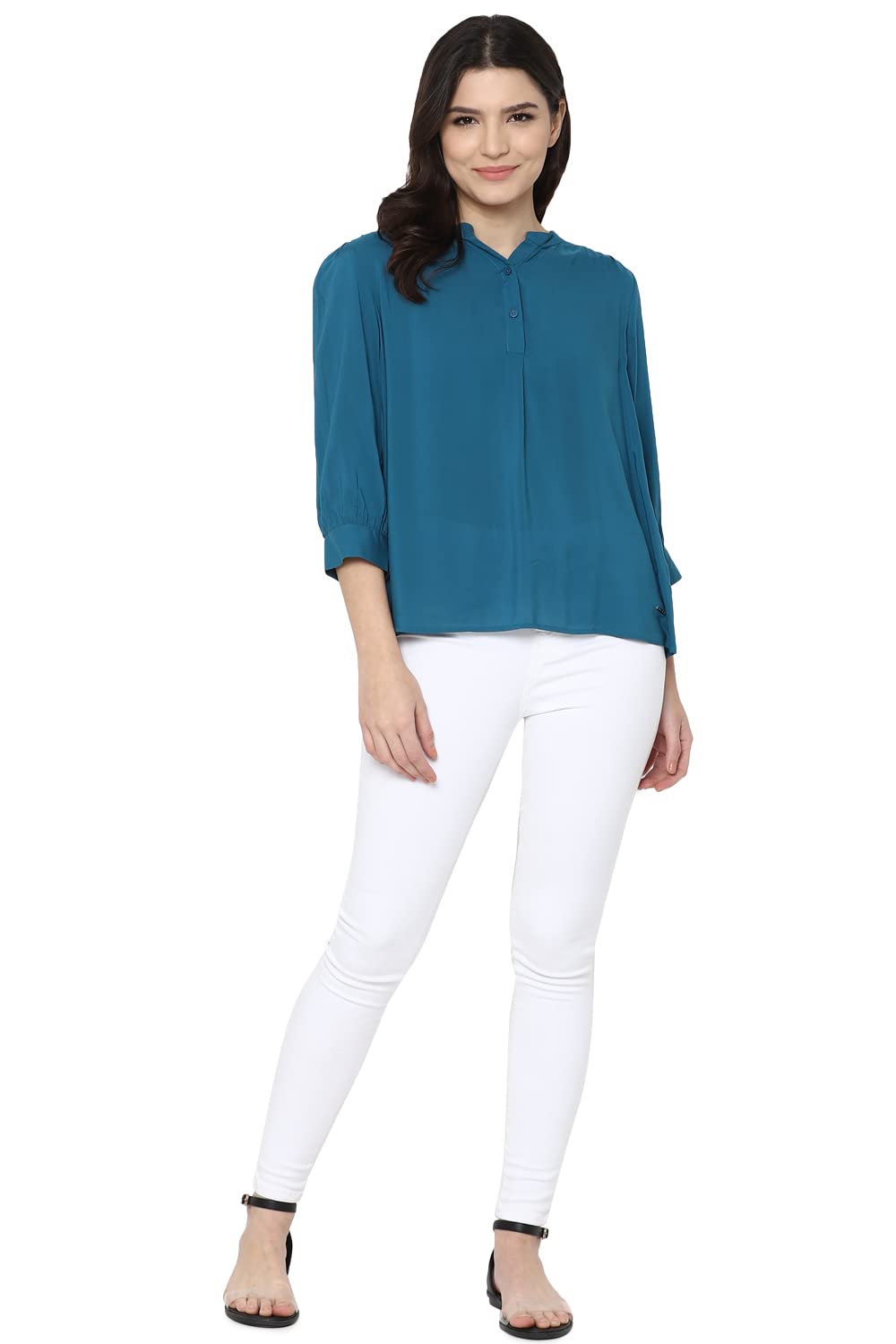 Allen Solly Women's Solid Regular Fit Blouse (AHTSWRGFL48496_Blue S)