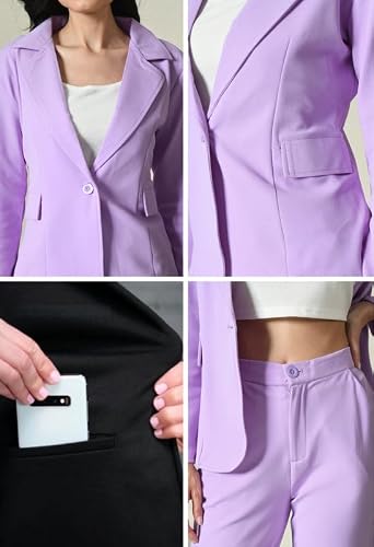OFFICE PURPLE Women's Cotton Blend Solid Blazer & Pant Set with Camisole | Formal 3-Piece Set (Lavender, XL)