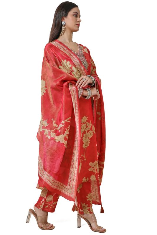 Soch Womens Orange Tissue Floral Print Suit Set with Dupatta