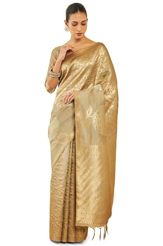 Soch Womens Beige Tussar Silk Saree With Zari Woven Floral And Foliage Designs