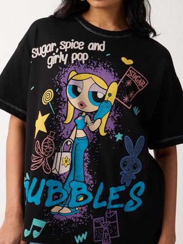 The Souled Store Powerpuff Girls: Girly Pop Women and Girls Short Sleeves Round Neck Black Graphic Printed Cotton Heavy Gauge Fabric Streetwear Everyday Oversized T-Shirt
