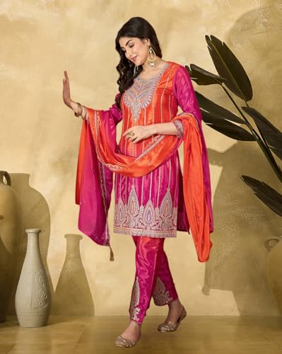 SheWill Rani & Orange Poly Chinon Kurta with Zari, Sequence, Thread & Cording Embroidery, Paired with Pant and Dupatta – A Vibrant Set SHEKS20006_S2P_A