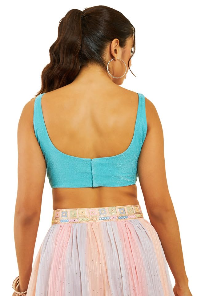 Soch Womens Turquoise Blue Shimmery Scoop-Neck Back-Open Sleeveless Blouse