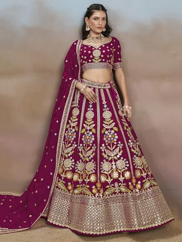 Zeel Clothing Women's Sequins Thread Embroidered Georgette Lehenga Choli With Dupatta (6008-Pink-Women-Lehenga-Choli-New; Free Size)(Pink)