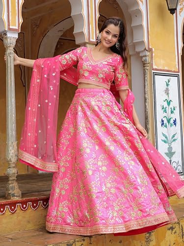 Zeel Clothing Women's Zari and Sequins Embroidered Art Silk Lehenga Choli for Women (7028-Pink-Wedding-Bridal-Designer-Lehenga-Choli-Latest; Free Size) (Pink)