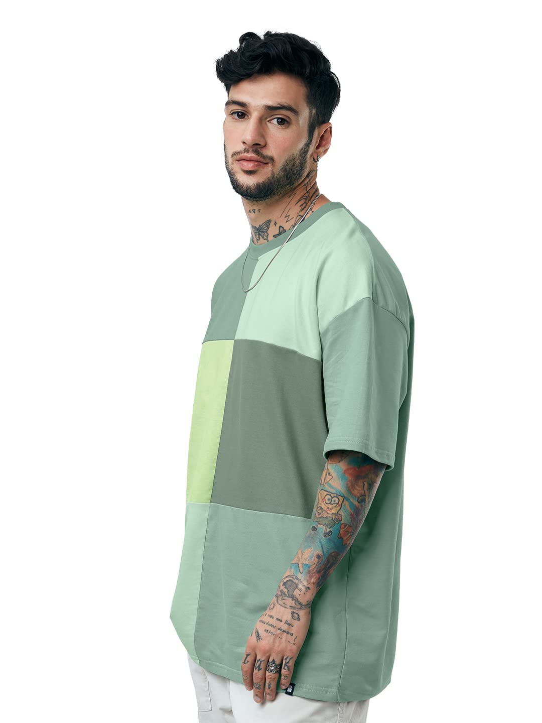 The Souled Store| Solids: Green Colourblock Mens and Boys T-Shirts|Half Sleeve|Oversized fit Solid|100% Cotton Multicolored Men Oversized T-Shirts