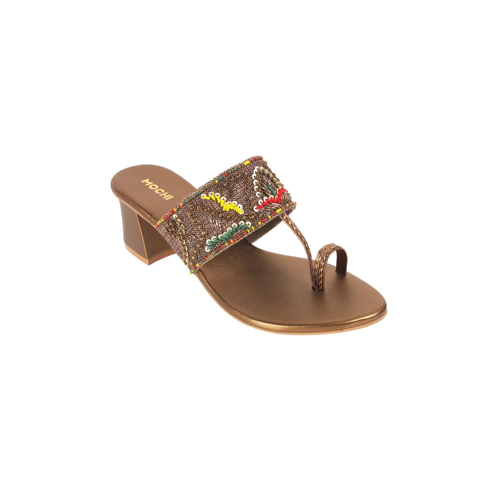 Mochi Women Antique Gold Ethnic Embellished Block Heel Sandal UK/5 EU/38 (35-1284)