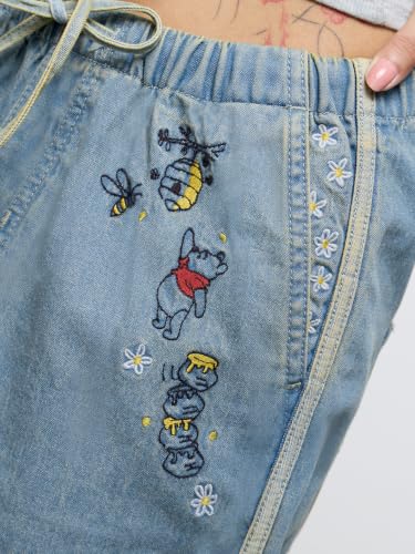 The Souled Store Winnie The Pooh: Bee Happy Women and Girls Drawstring Waist Light Blue Embroidered Cotton Straight Fit Lightweight Everyday Casual Denim Jeans