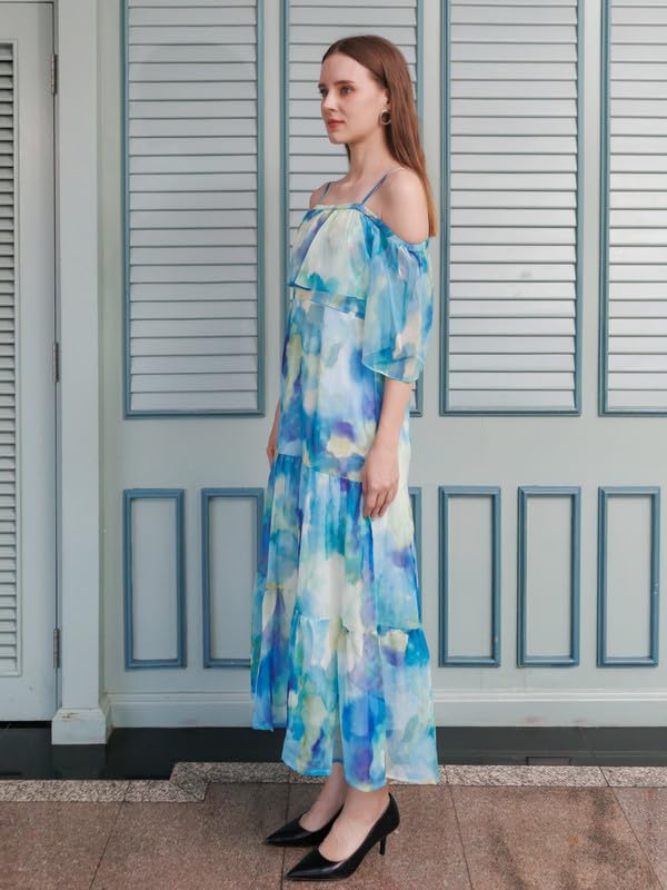 Zink London Women's Blue Abstract Flared Maxi Dress