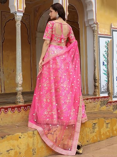 Zeel Clothing Women's Zari and Sequins Embroidered Art Silk Lehenga Choli for Women (7028-Pink-Wedding-Bridal-Designer-Lehenga-Choli-Latest; Free Size) (Pink)